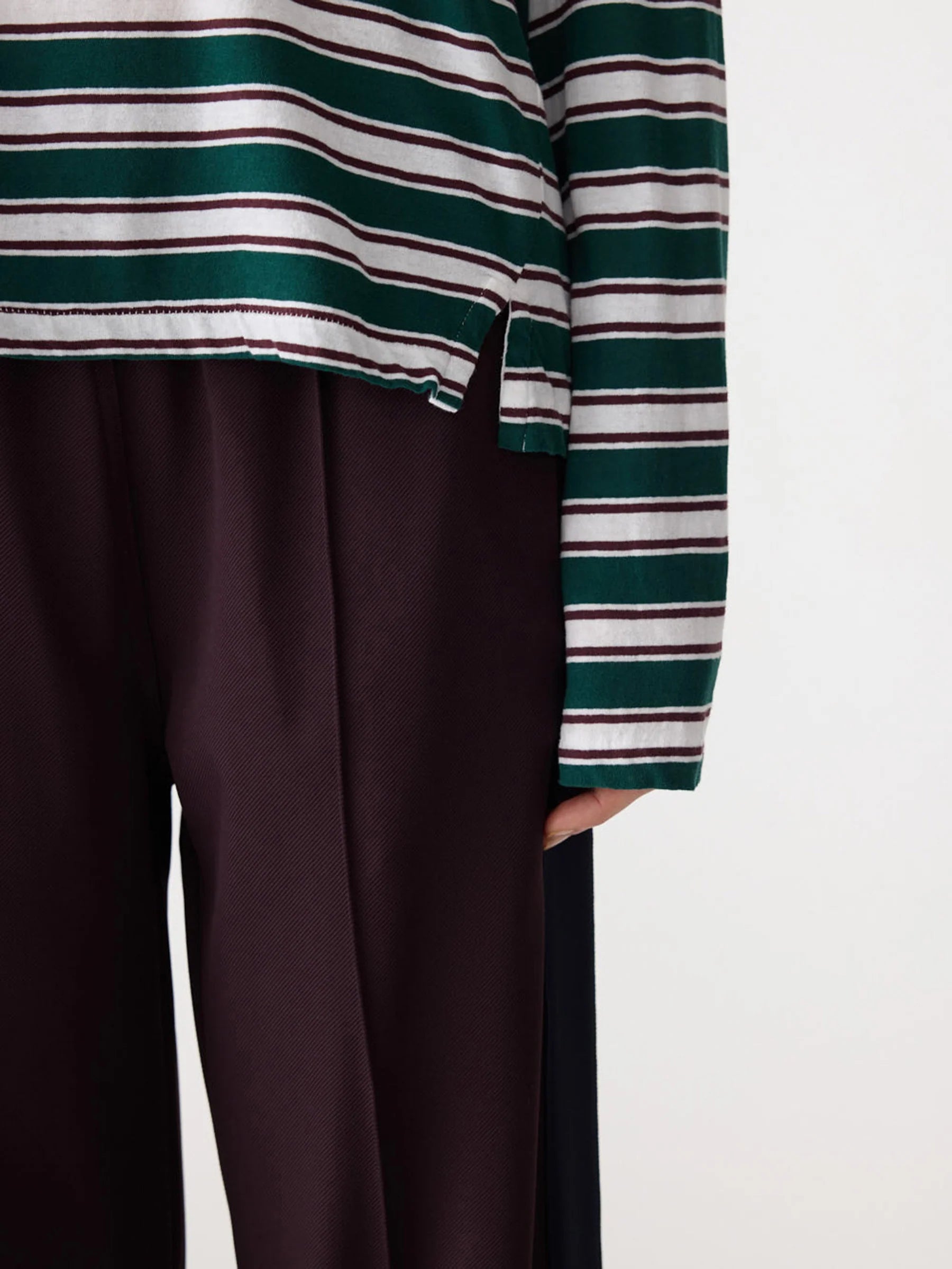 Bassike Stripe Boyfriend Long Sleeve T-Shirt in Dark Forest and Burgundy and White