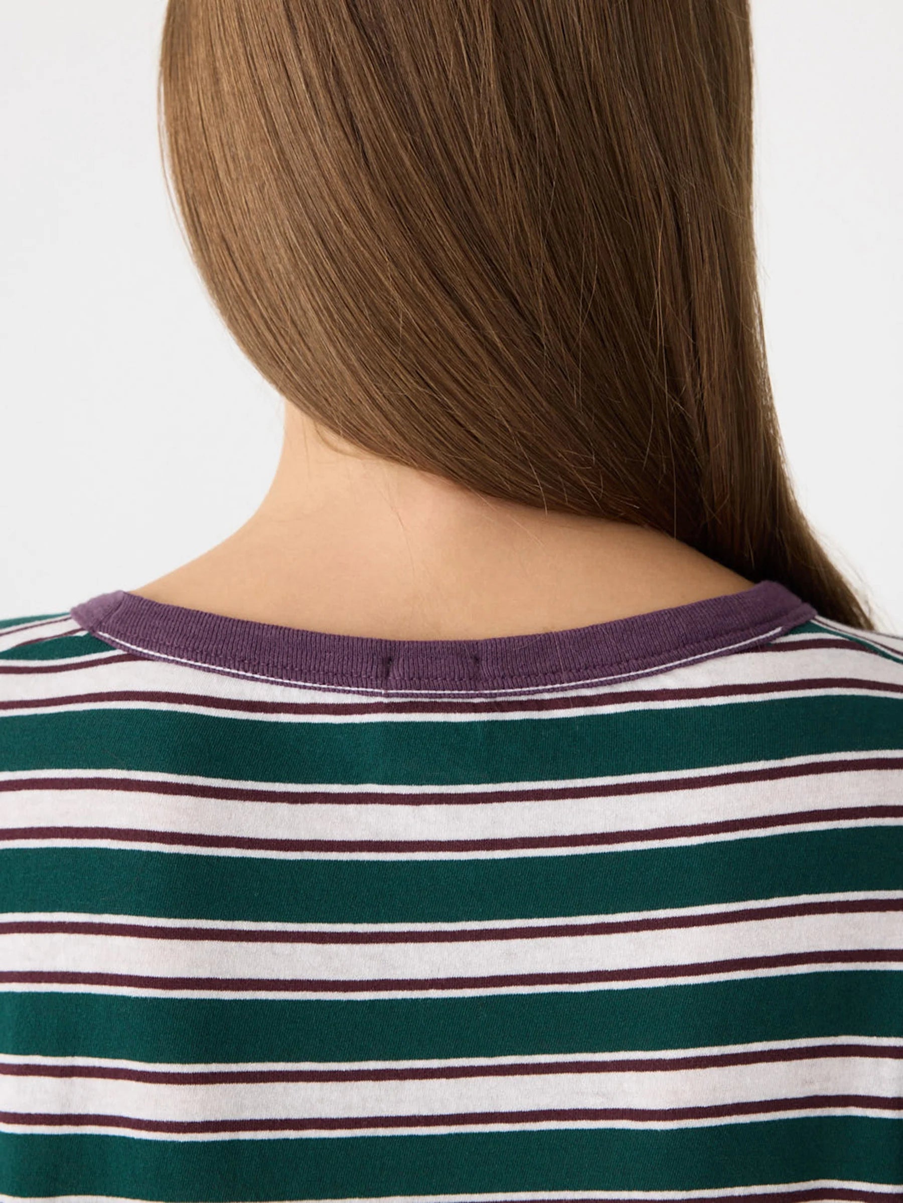 Bassike Stripe Boyfriend Long Sleeve T-Shirt in Dark Forest and Burgundy and White