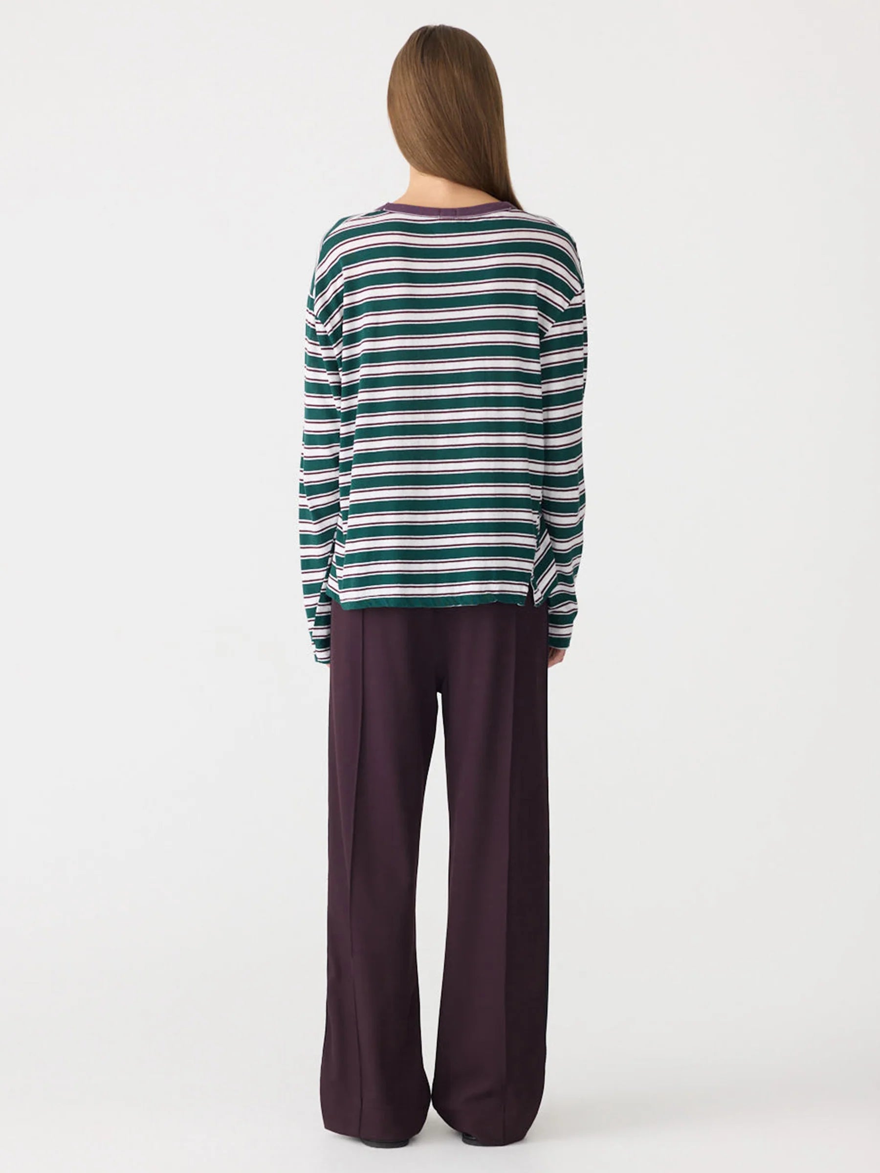 Bassike Stripe Boyfriend Long Sleeve T-Shirt in Dark Forest and Burgundy and White