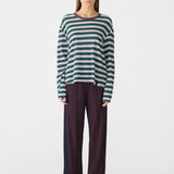 Bassike Stripe Boyfriend Long Sleeve T-Shirt in Dark Forest and Burgundy and White