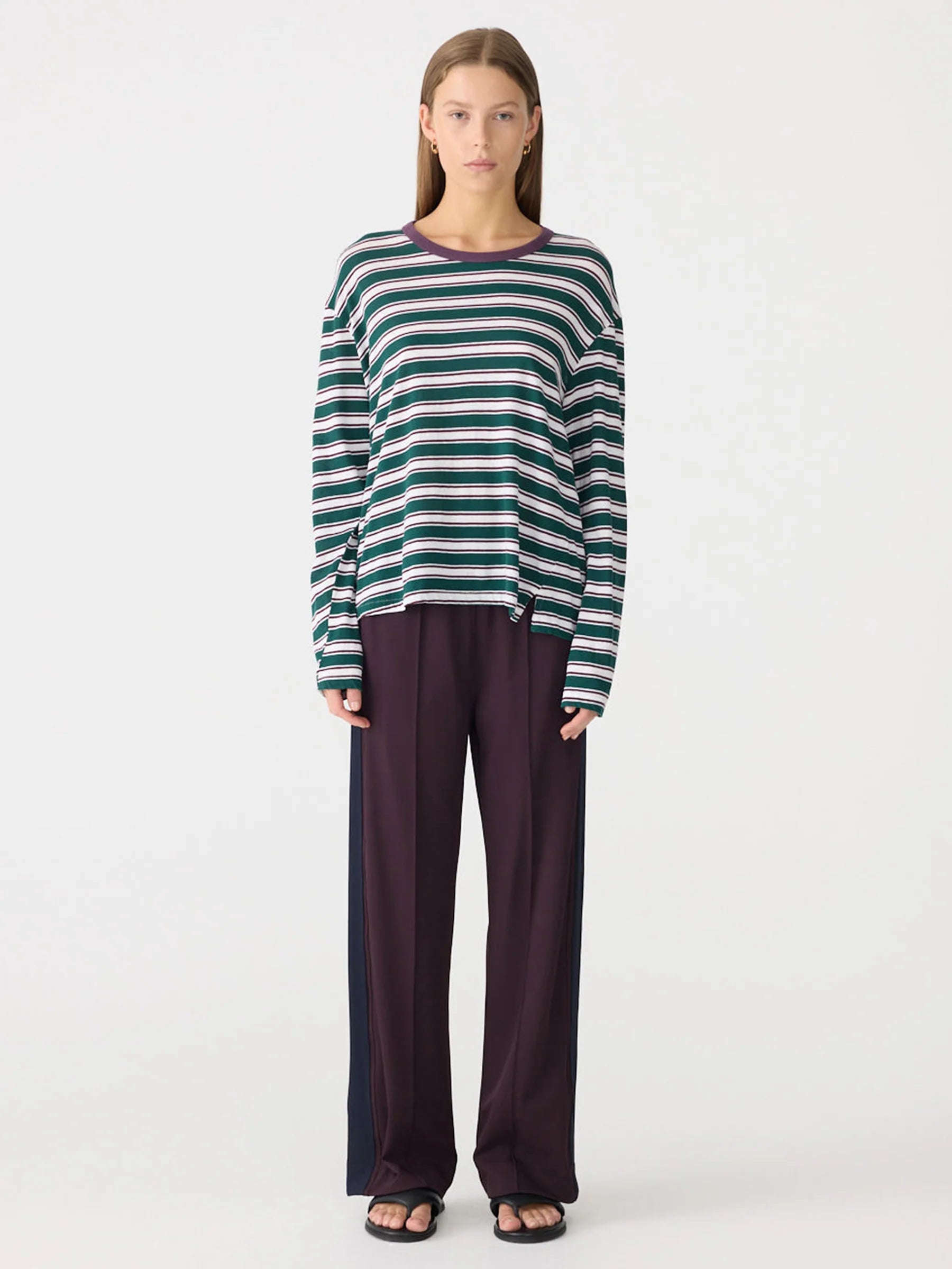 Bassike Stripe Boyfriend Long Sleeve T-Shirt in Dark Forest and Burgundy and White