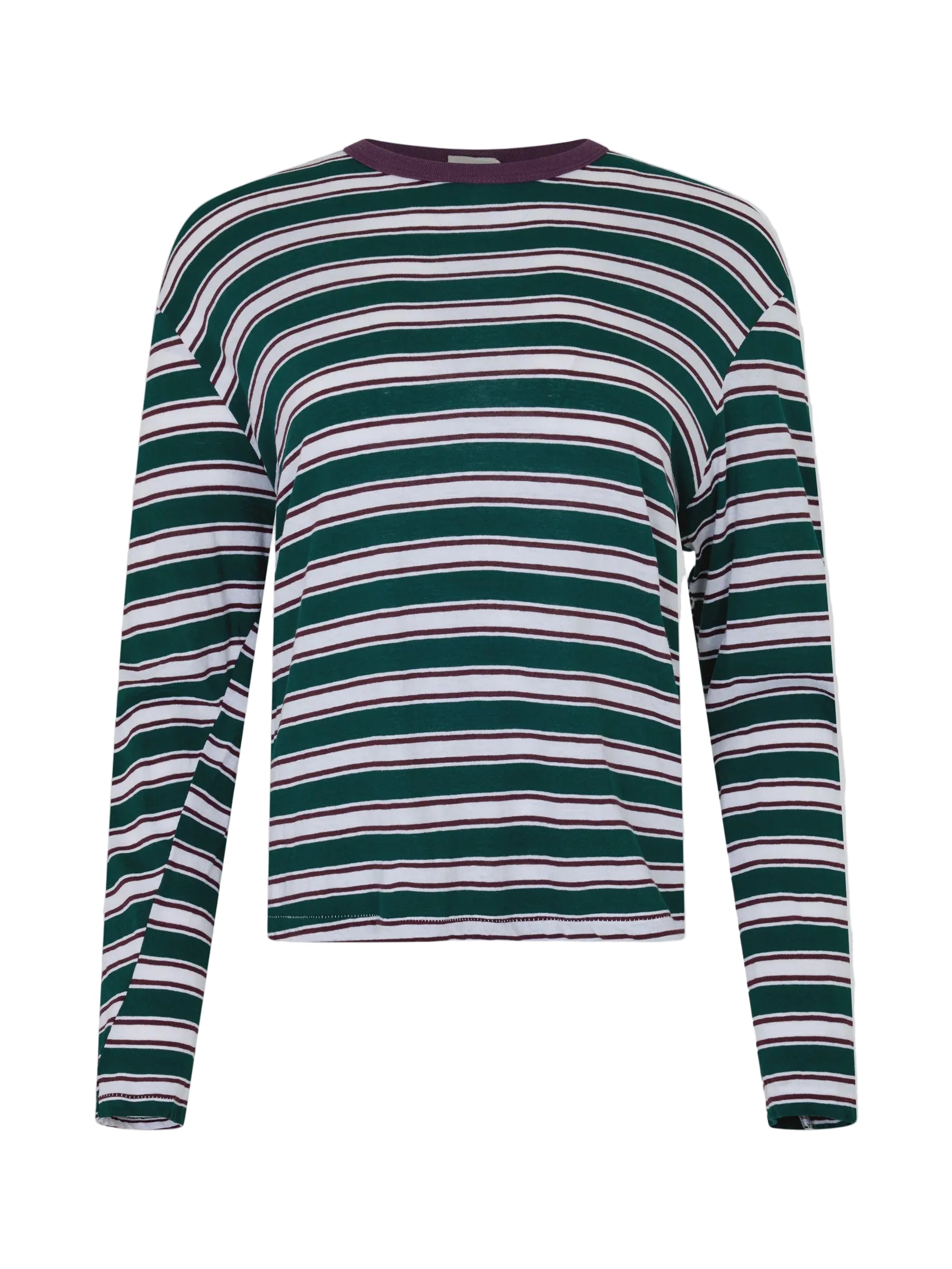 Bassike Stripe Boyfriend Long Sleeve T-Shirt in Dark Forest and Burgundy and White