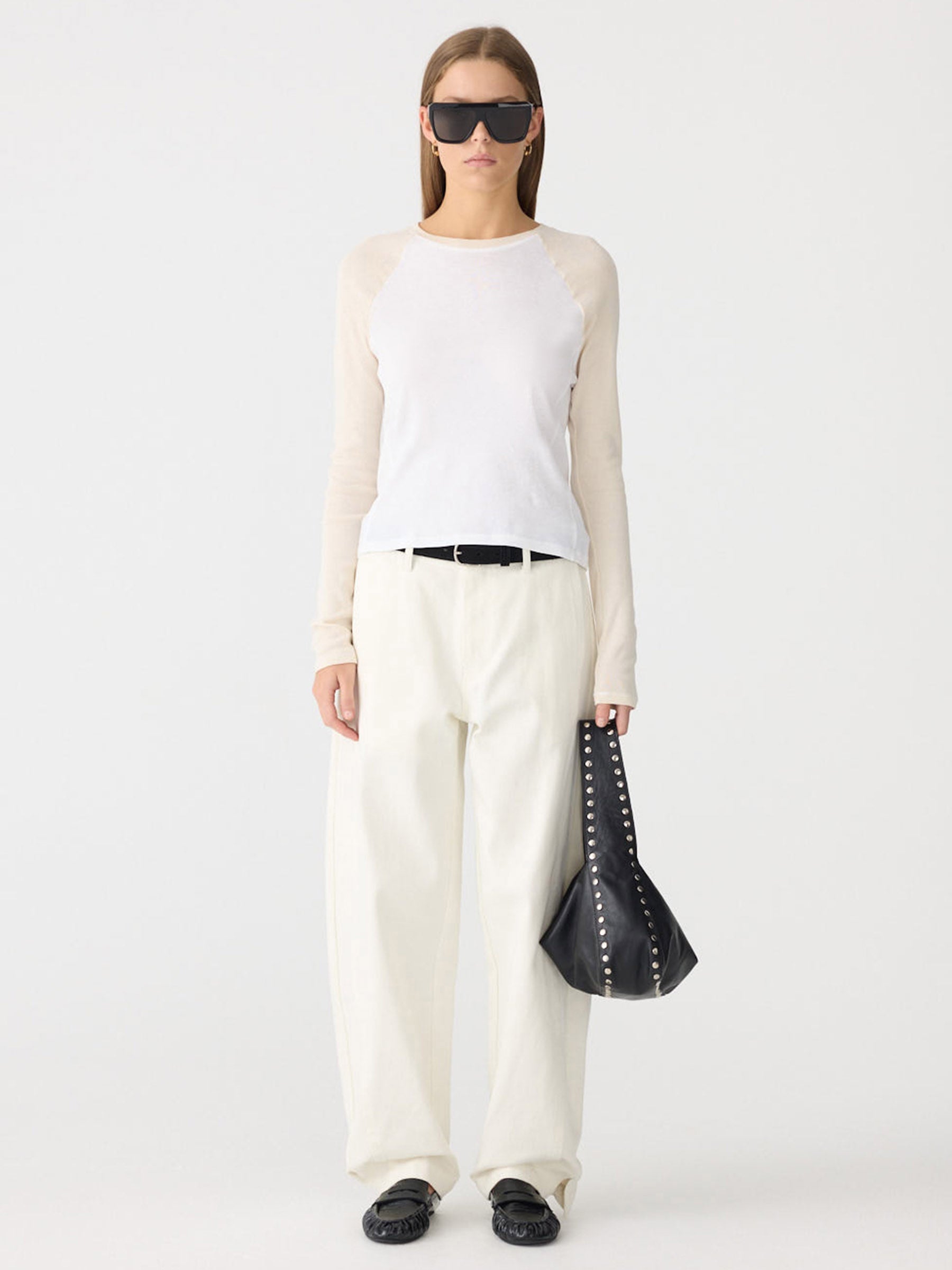 Bassike Panelled Rib Long Sleeve Baby T-Shirt in White and Ecru - side view