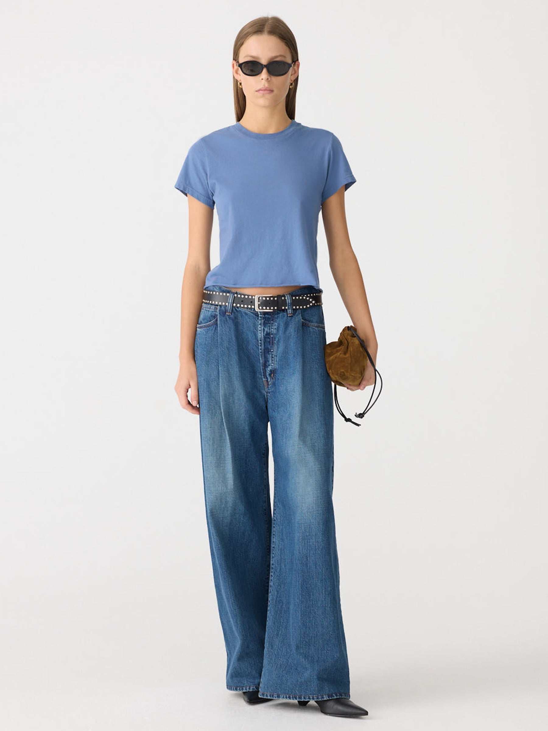 Bassike Raw Edge Baby T-Shirt in Vintage Blue - side view