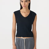 Bassike Sheer Rib V-Neck Muscle Tank in Black - detail view