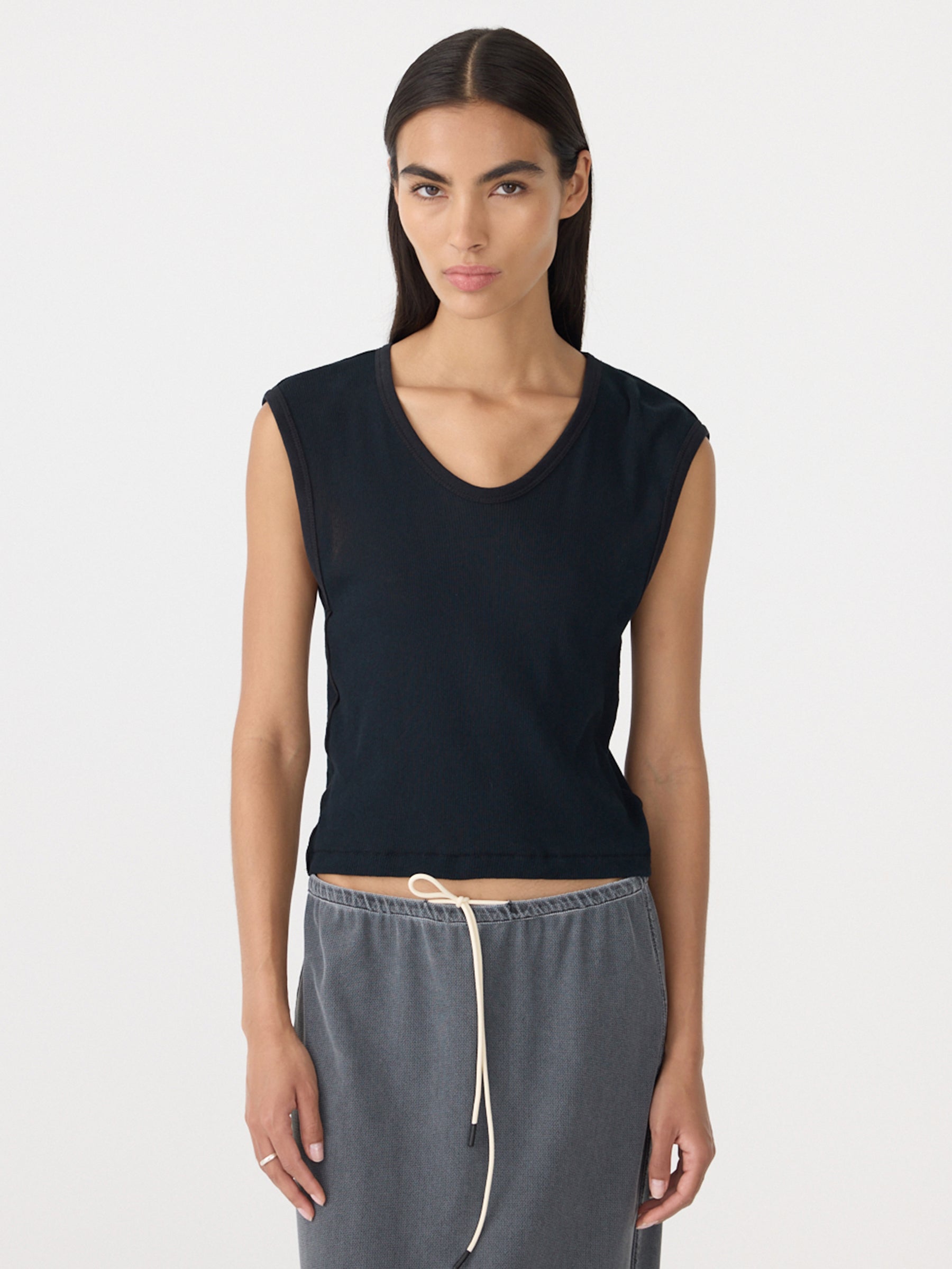 Bassike Sheer Rib V-Neck Muscle Tank in Black - detail view
