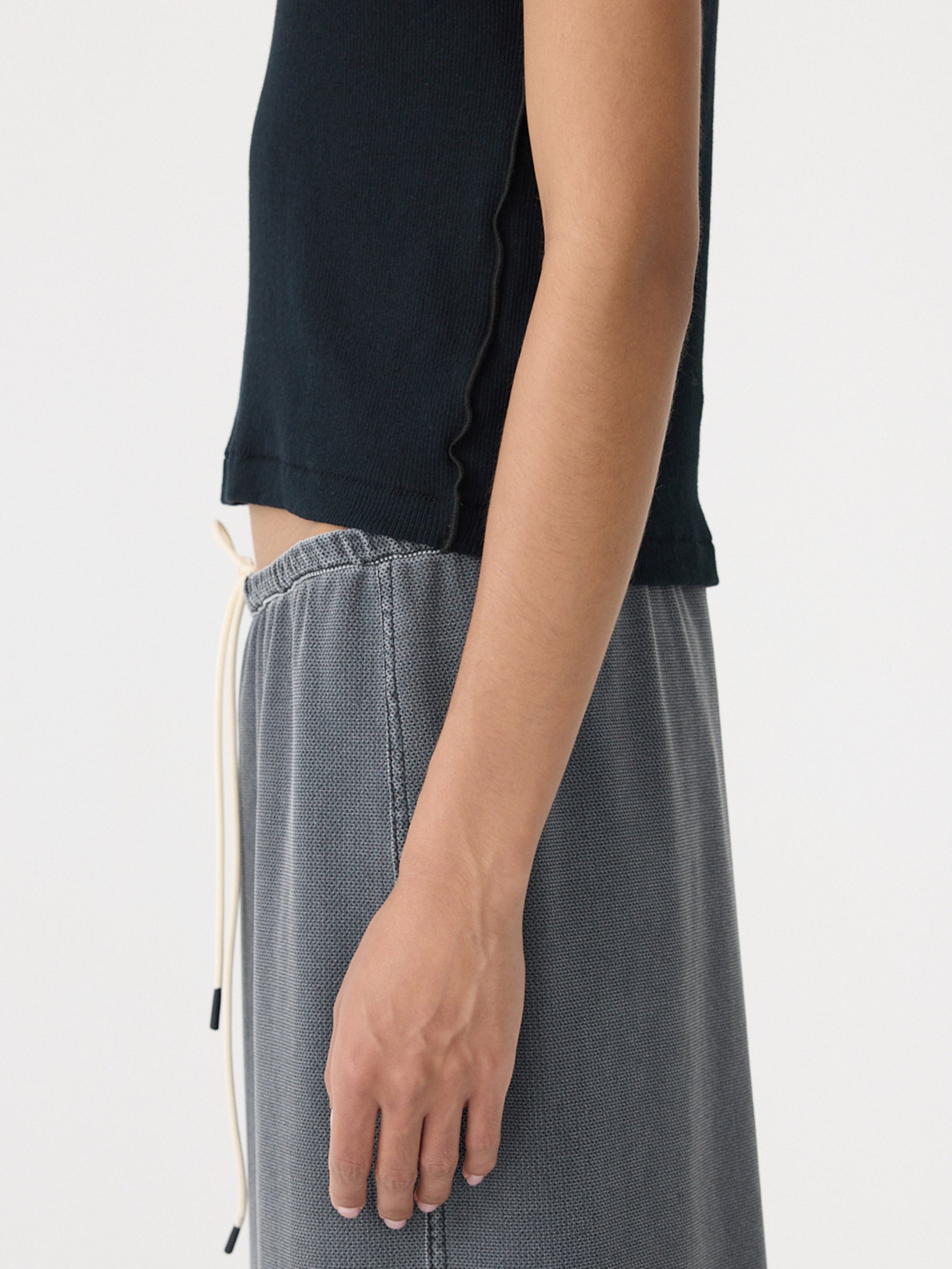 Bassike Sheer Rib V-Neck Muscle Tank in Black - styled look
