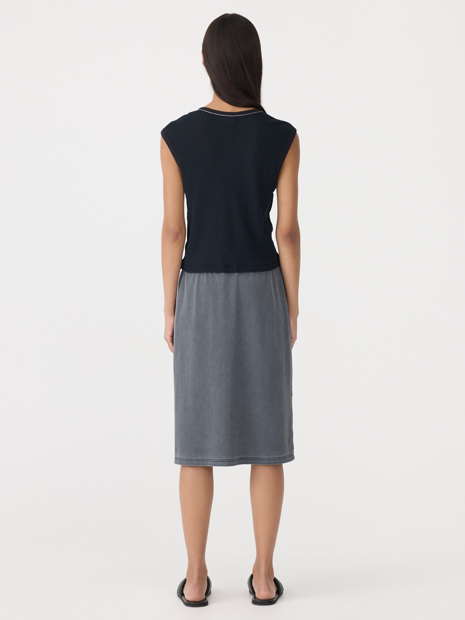 Bassike Sheer Rib V-Neck Muscle Tank in Black - close up