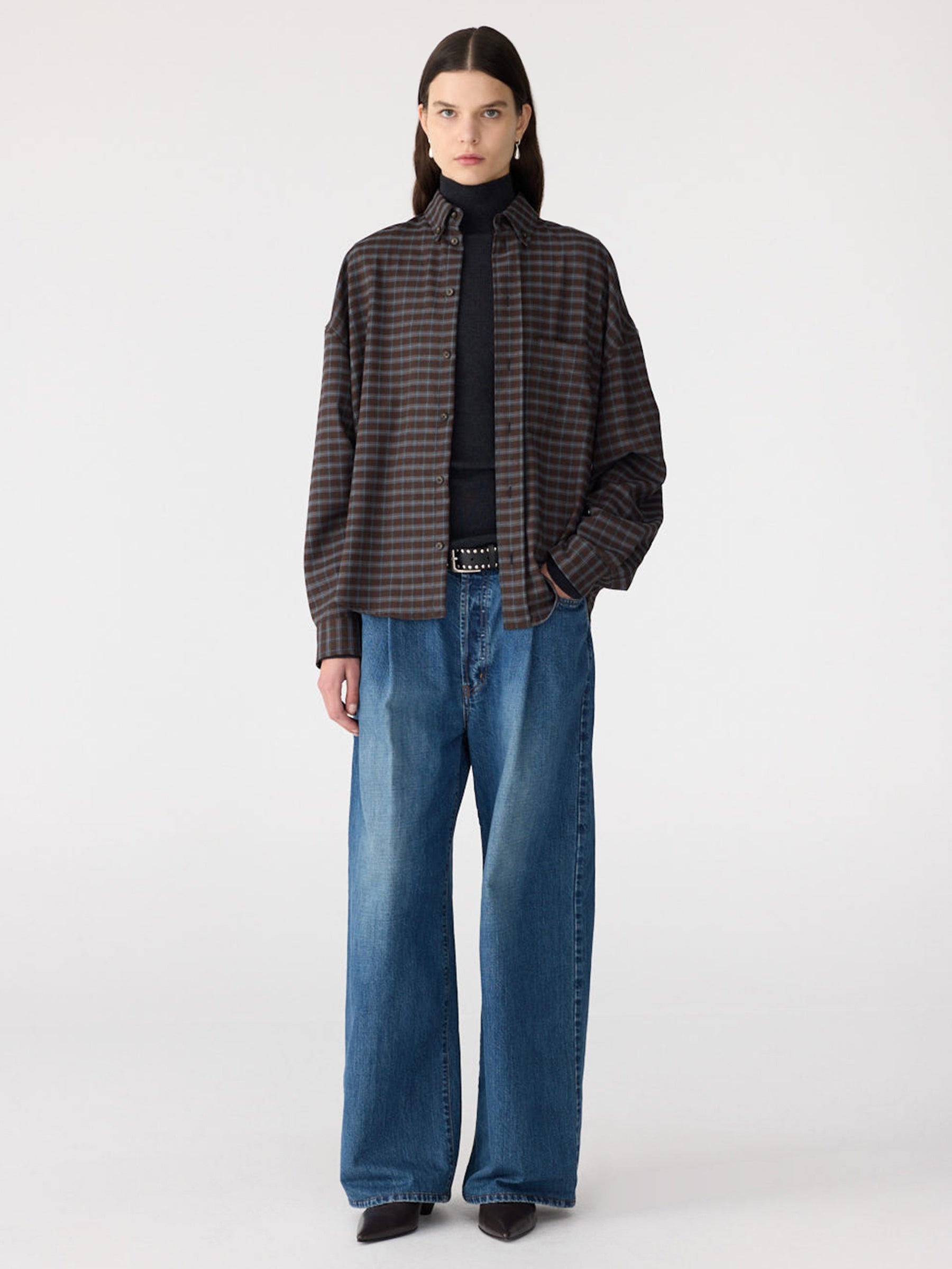 Bassike Slouch Check Wool Shirt in Dark Brown and Pale Blue Check - side view