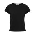 A black short-sleeve crewneck t-shirt displayed flat against a light gray background.
