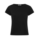 A black short-sleeve crewneck t-shirt displayed flat against a light gray background.