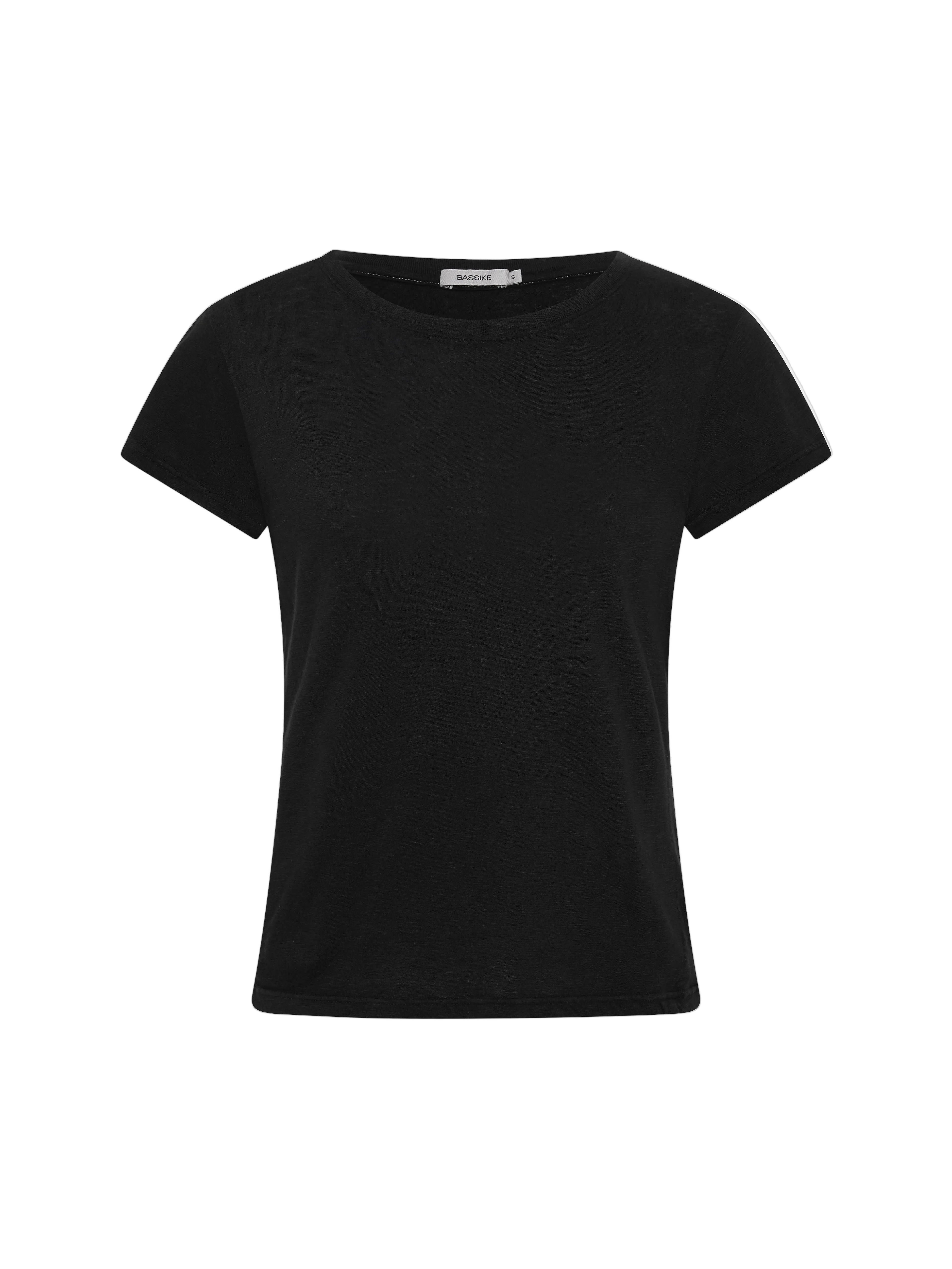 A black short-sleeve crewneck t-shirt displayed flat against a light gray background.