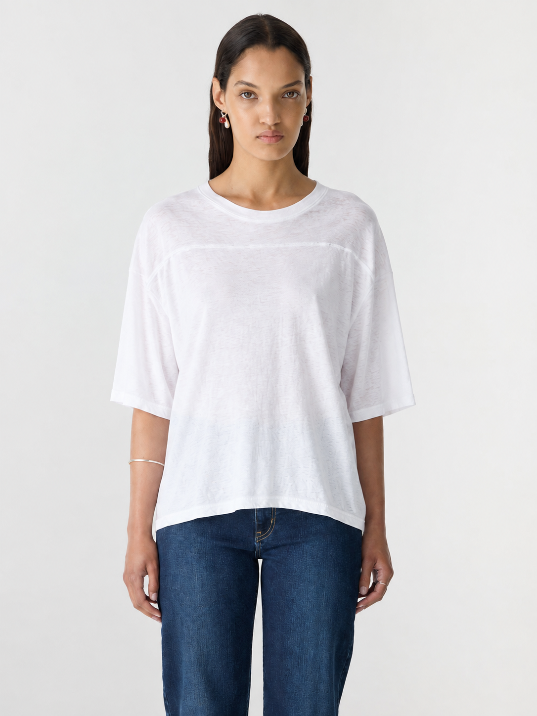 Bassike Slub Yoke Slouch T-Shirt in White - detail view