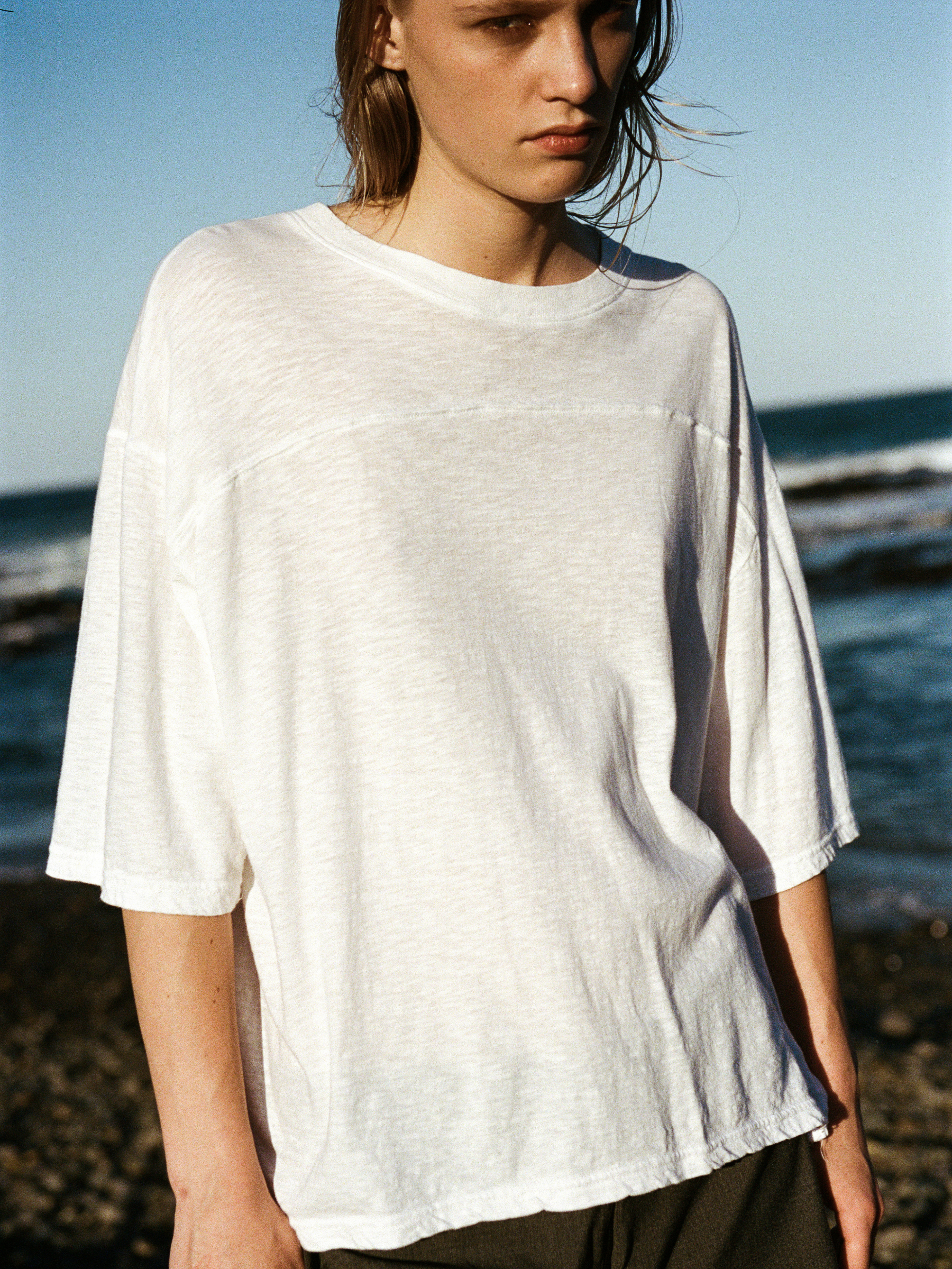 Bassike Slub Yoke Slouch T-Shirt in White - styled look