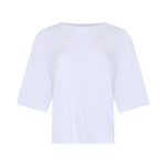 A white short-sleeve crewneck top with a subtle curved seam detail across the upper chest, displayed on a light gray background.