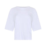 A white short-sleeve crewneck top with a subtle curved seam detail across the upper chest, displayed on a light gray background.