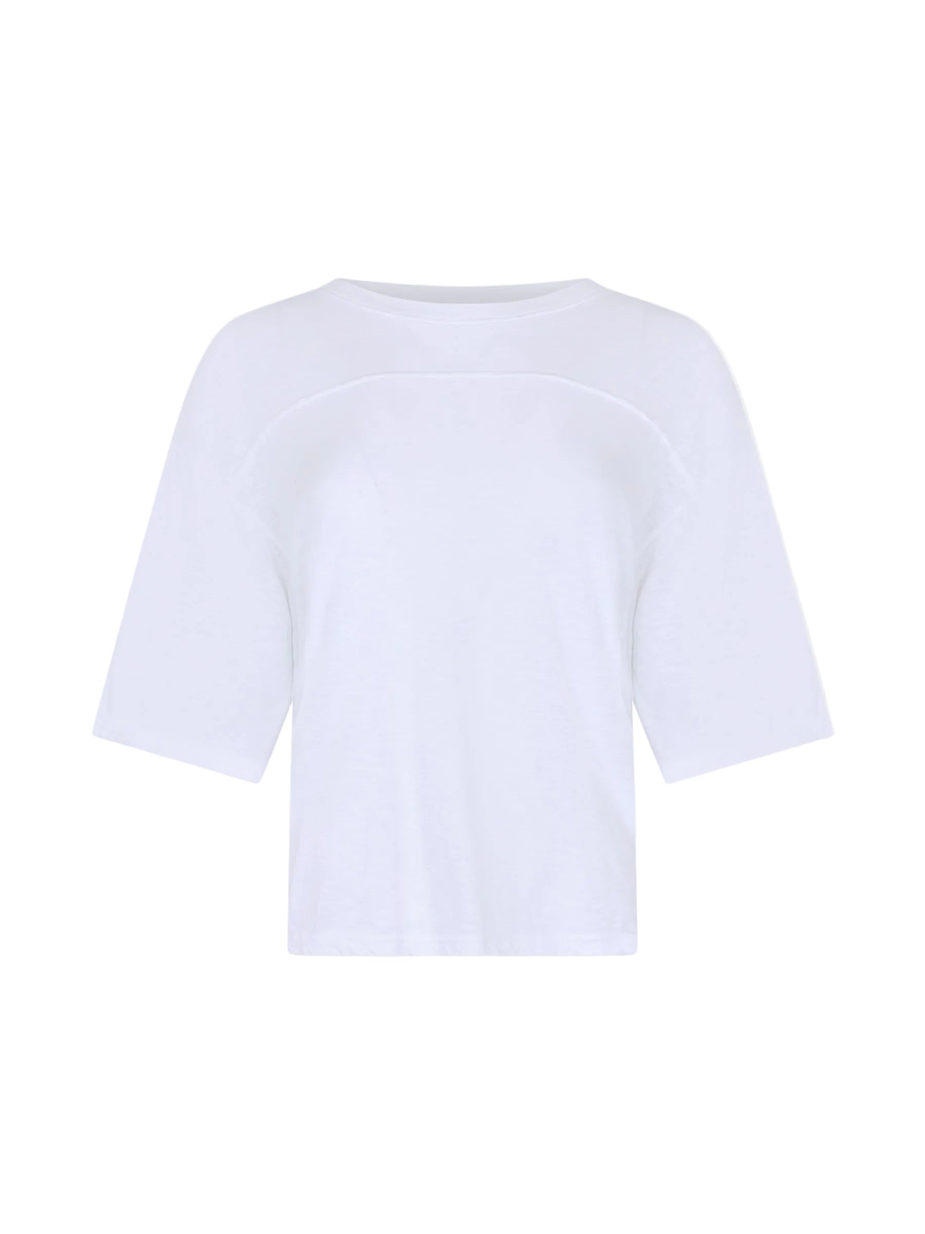 A white short-sleeve crewneck top with a subtle curved seam detail across the upper chest, displayed on a light gray background.