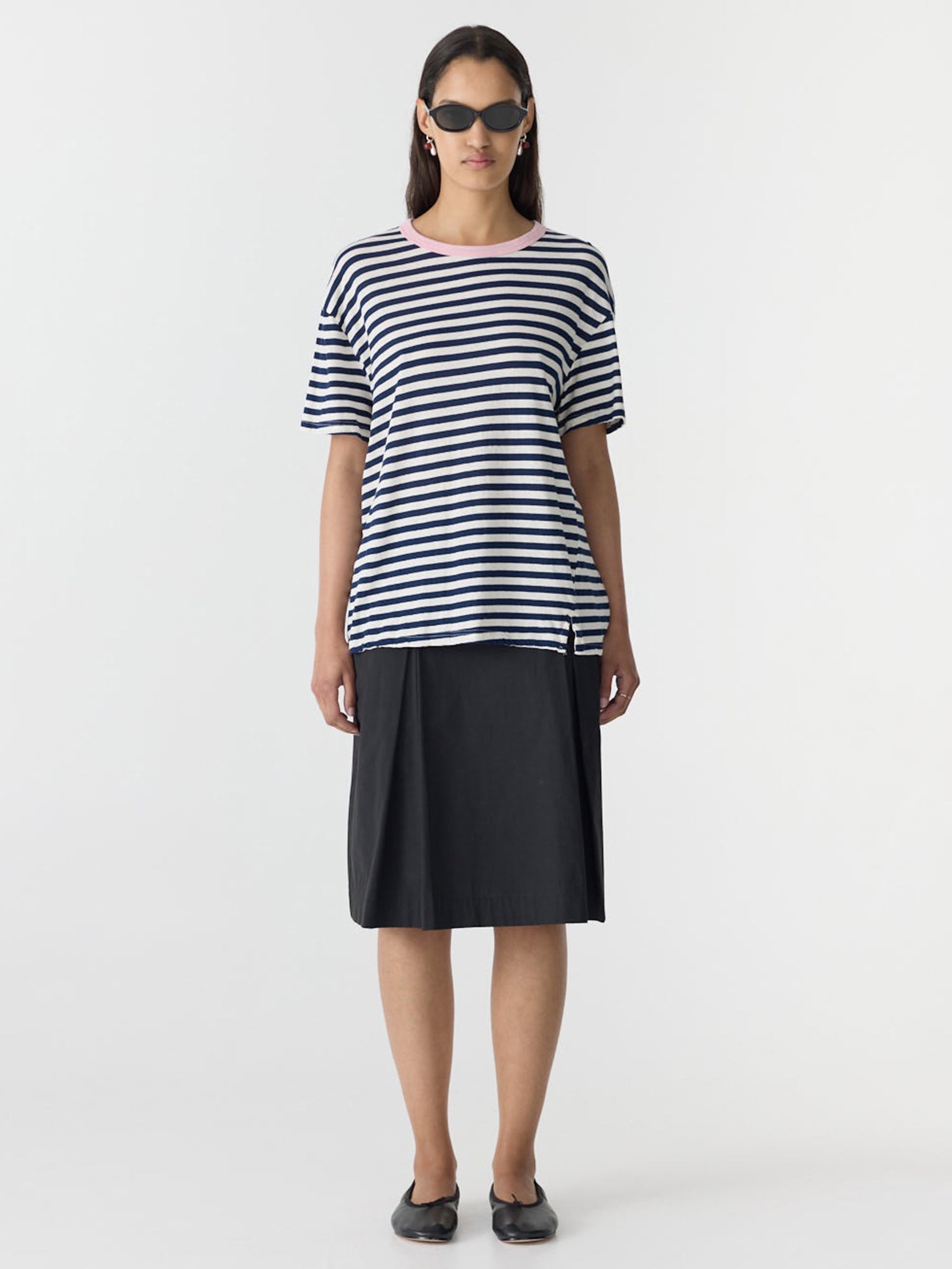 Bassike Stripe Boyfriend T-Shirt in Navy and Undyed and Pink