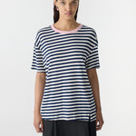 Bassike Stripe Boyfriend T-Shirt in Navy and Undyed and Pink - side view
