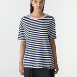Bassike Stripe Boyfriend T-Shirt in Navy and Undyed and Pink - side view