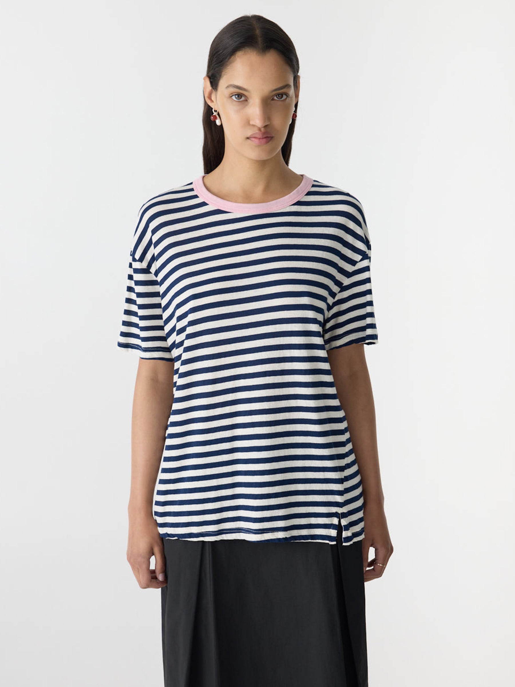 Bassike Stripe Boyfriend T-Shirt in Navy and Undyed and Pink - side view