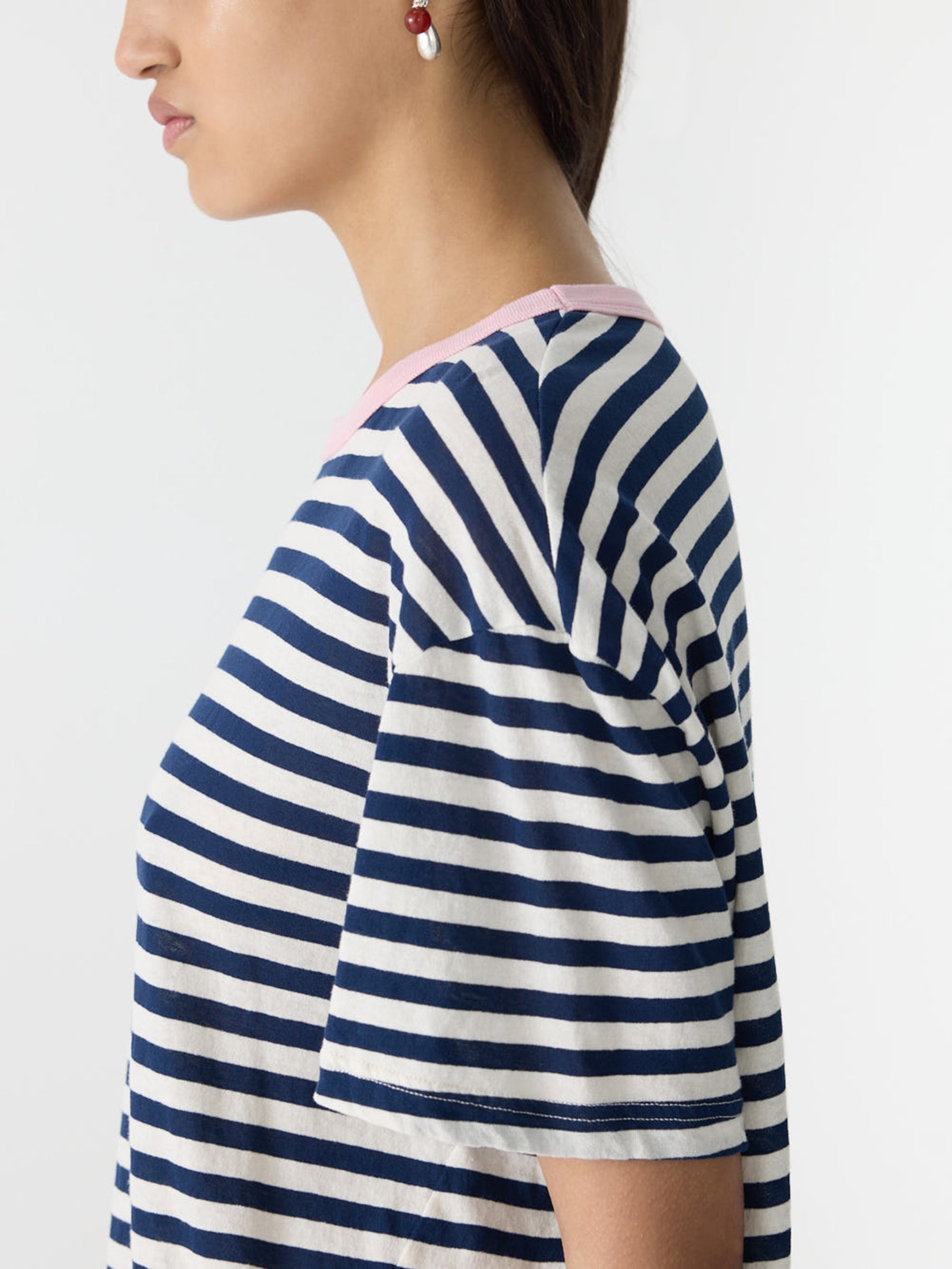 Bassike Stripe Boyfriend T-Shirt in Navy and Undyed and Pink - detail view