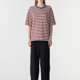 Bassike Universal Stripe Boxy T-Shirt in Vintage Red and Natural and Blue - side view