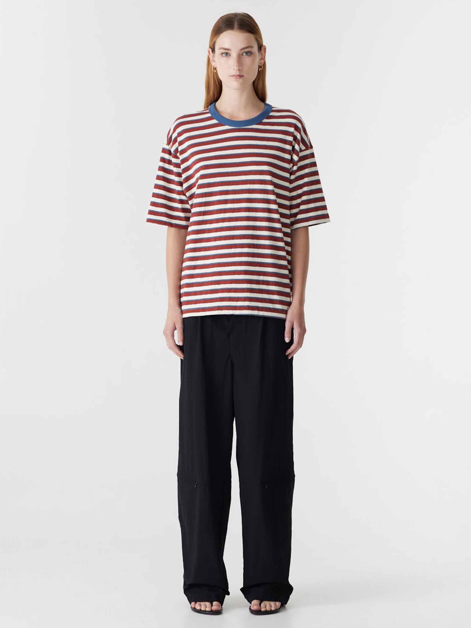 Bassike Universal Stripe Boxy T-Shirt in Vintage Red and Natural and Blue - side view