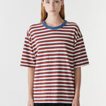 Bassike Universal Stripe Boxy T-Shirt in Vintage Red and Natural and Blue - detail view