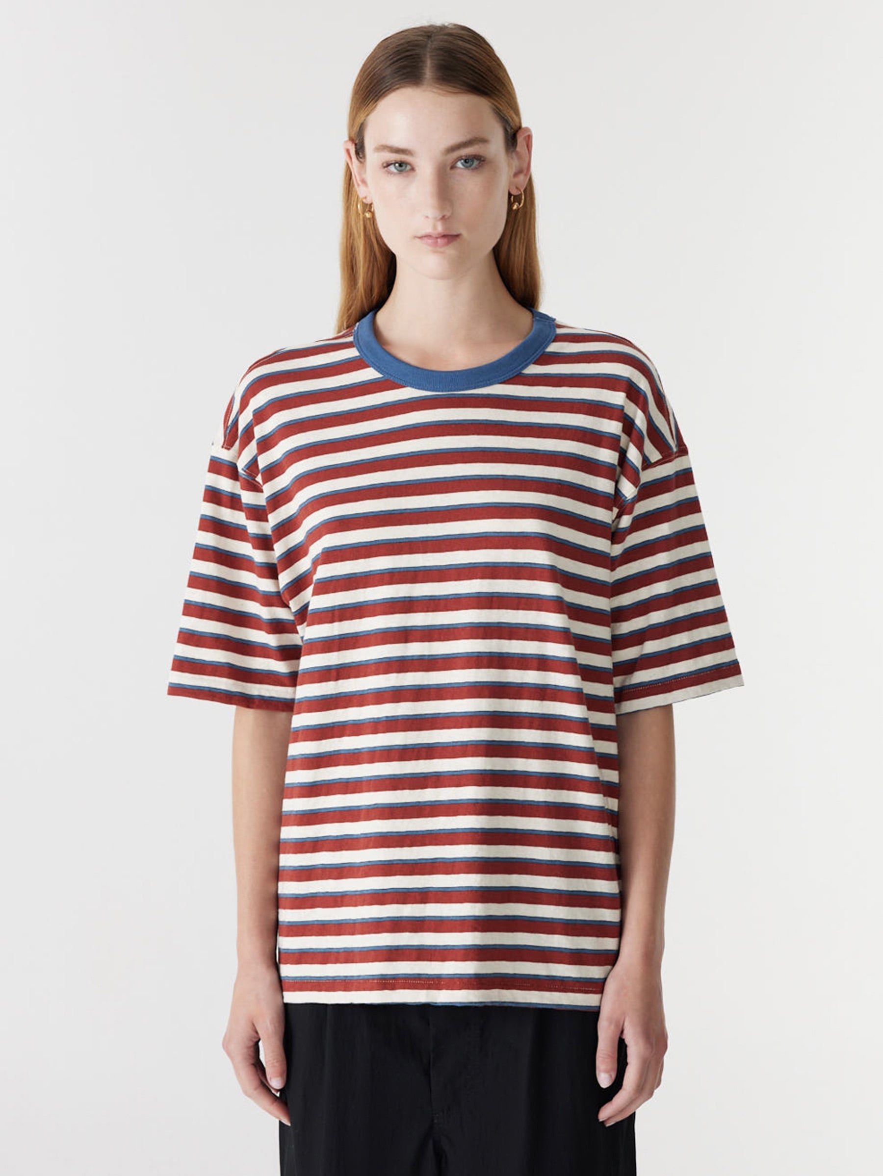 Bassike Universal Stripe Boxy T-Shirt in Vintage Red and Natural and Blue - detail view