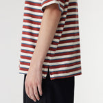 Bassike Universal Stripe Boxy T-Shirt in Vintage Red and Natural and Blue - styled look