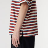 Bassike Universal Stripe Boxy T-Shirt in Vintage Red and Natural and Blue - styled look