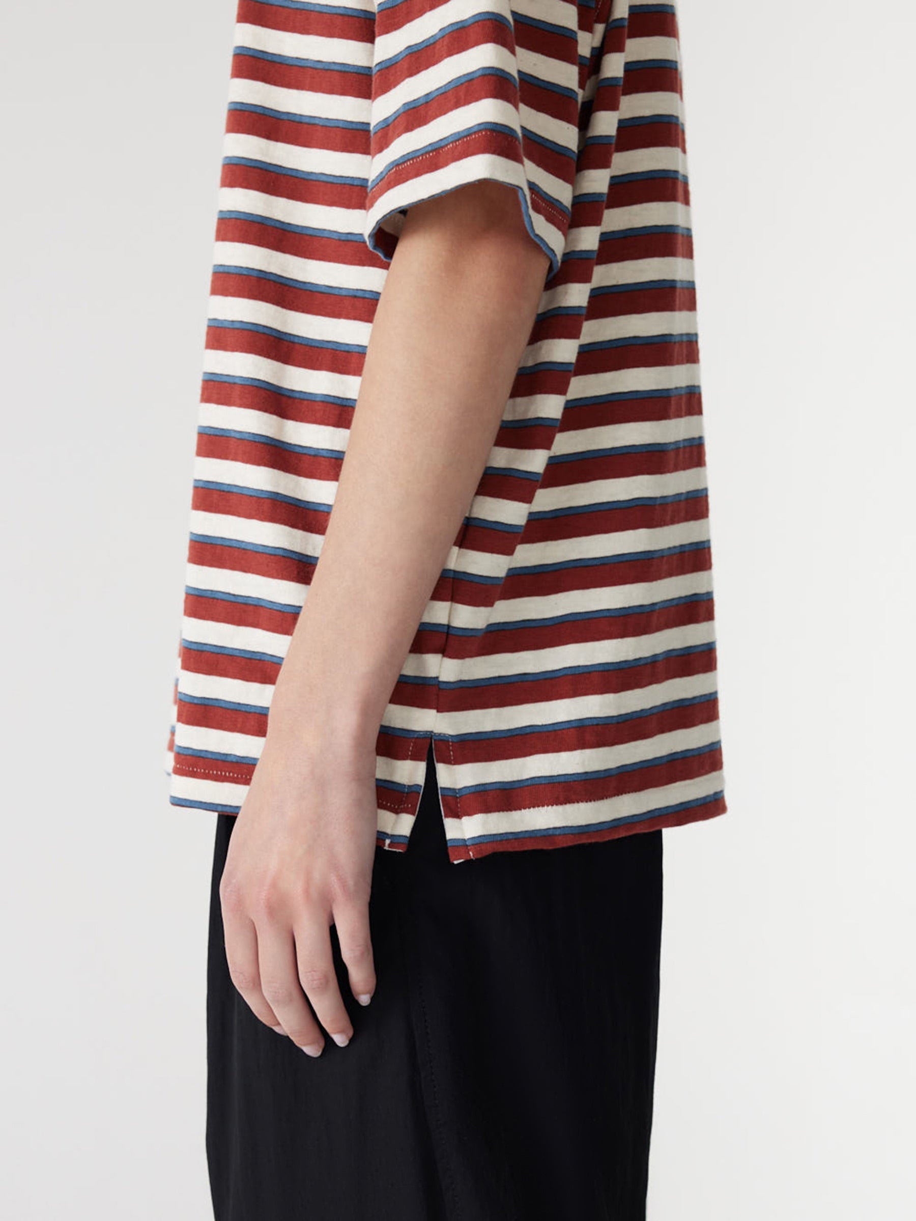 Bassike Universal Stripe Boxy T-Shirt in Vintage Red and Natural and Blue - styled look