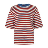 Bassike Universal Stripe Boxy T-Shirt in Vintage Red and Natural and Blue