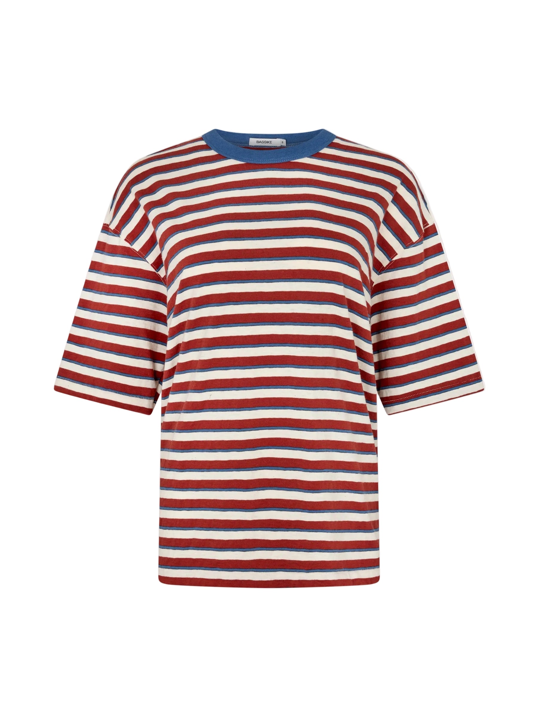 Bassike Universal Stripe Boxy T-Shirt in Vintage Red and Natural and Blue