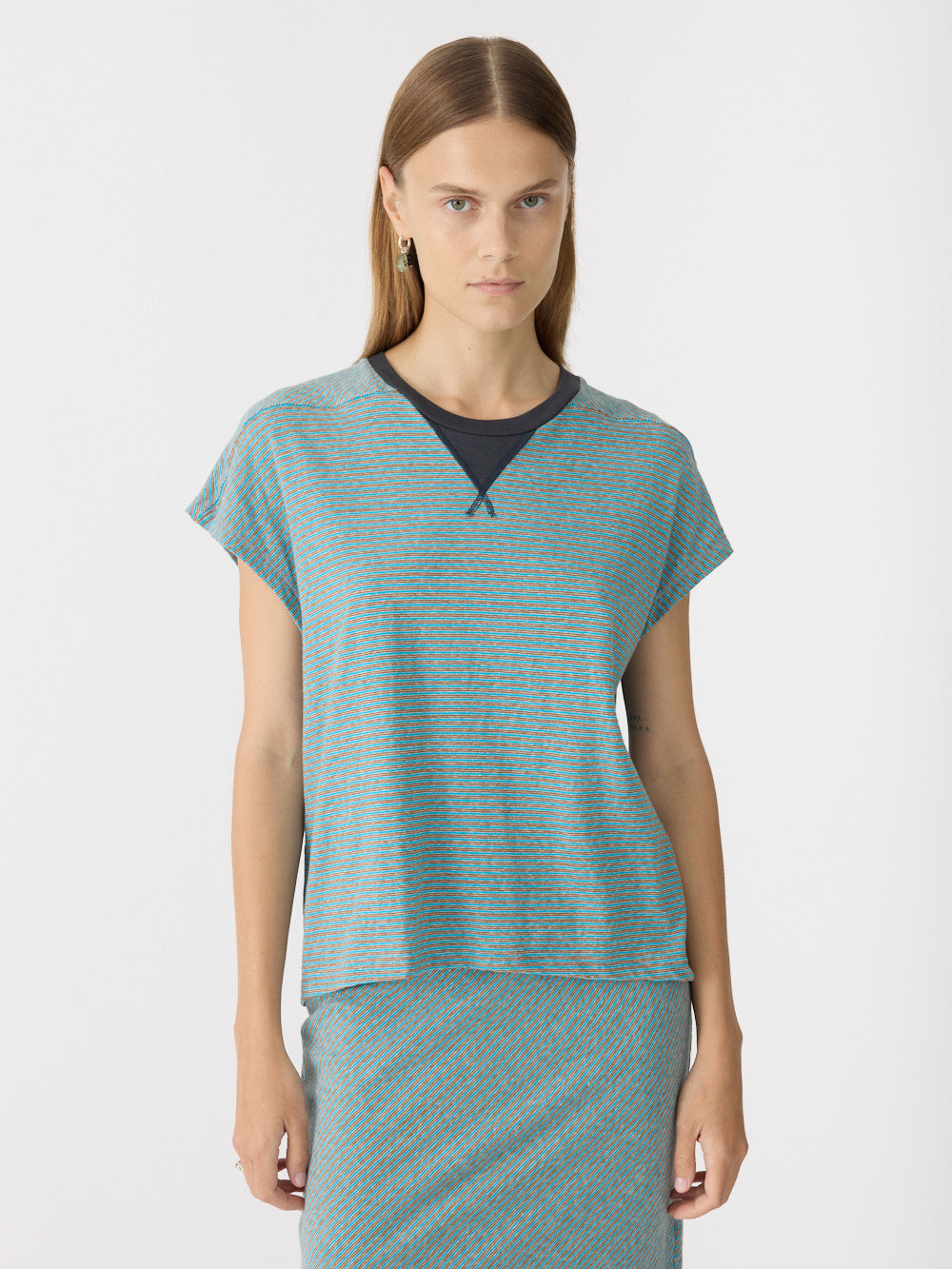 Bassike Vintage Stripe Tank in Blue and Brown Stripe - side view