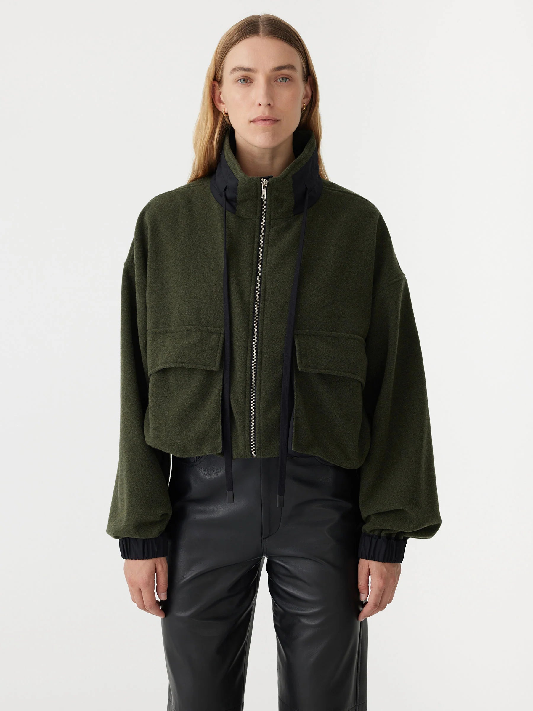 Bassike Woollen Zip Front Jacket in Green