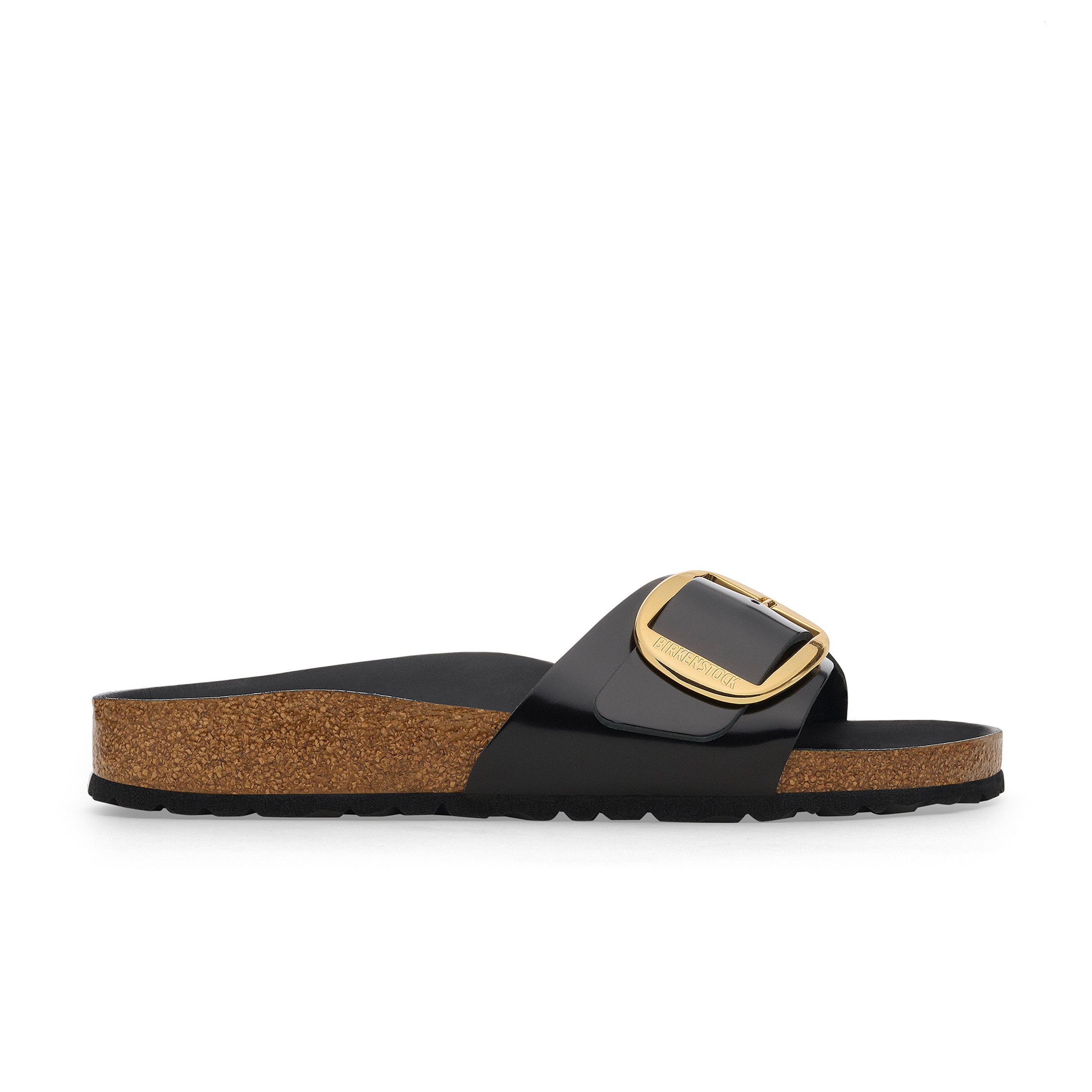 Birkenstock Madrid Big Buckle High Shine Sandal in Black Patent Narrow - side view