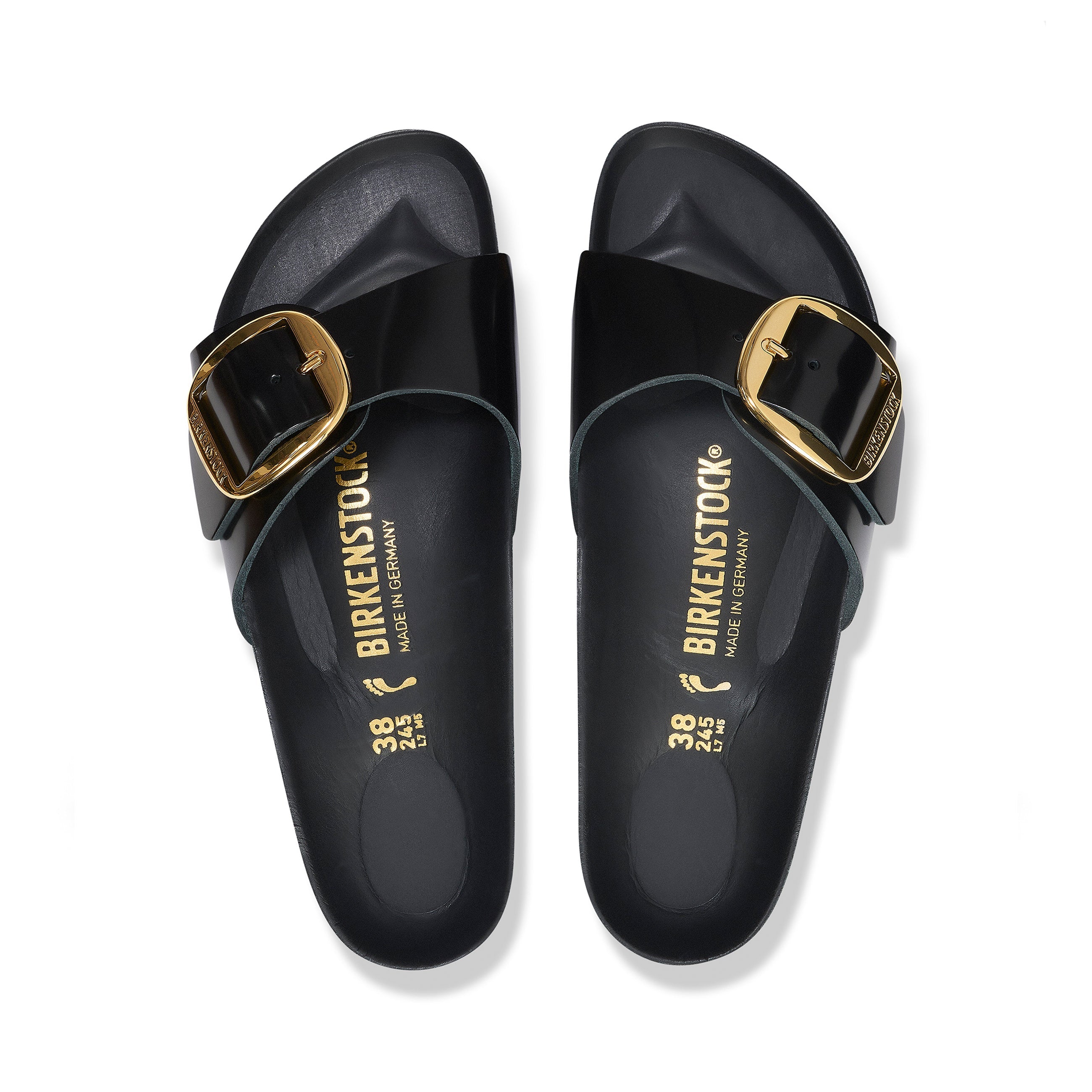 Birkenstock Madrid Big Buckle High Shine Sandal in Black Patent Narrow - detail view