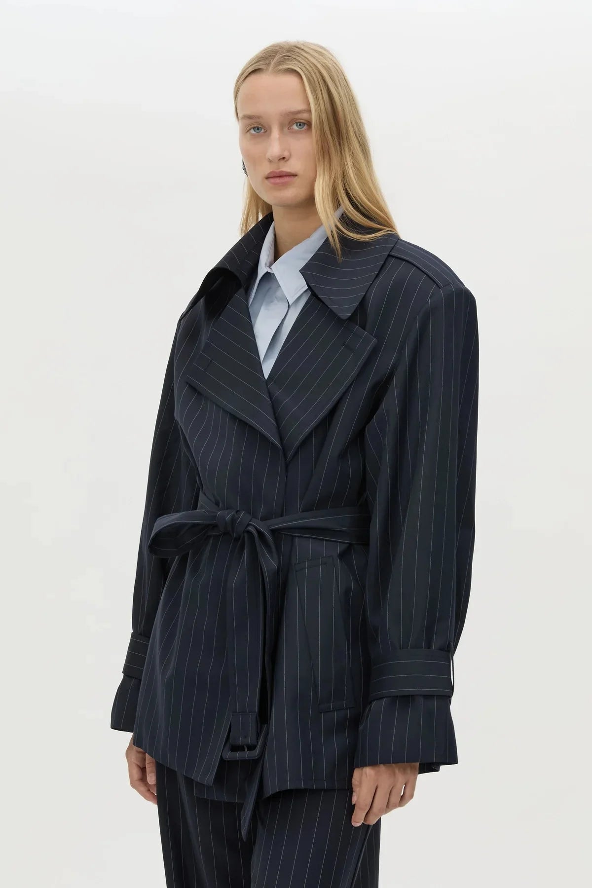 Camilla and Marc Brody Short Trench Coat in French Navy Stripe