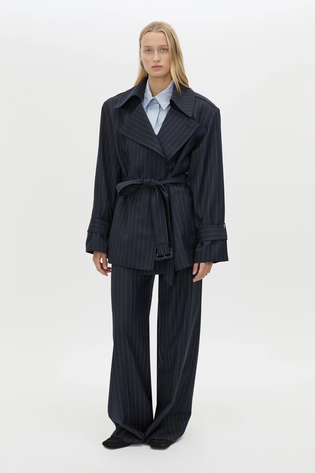 Camilla and Marc Brody Short Trench Coat in French Navy Stripe