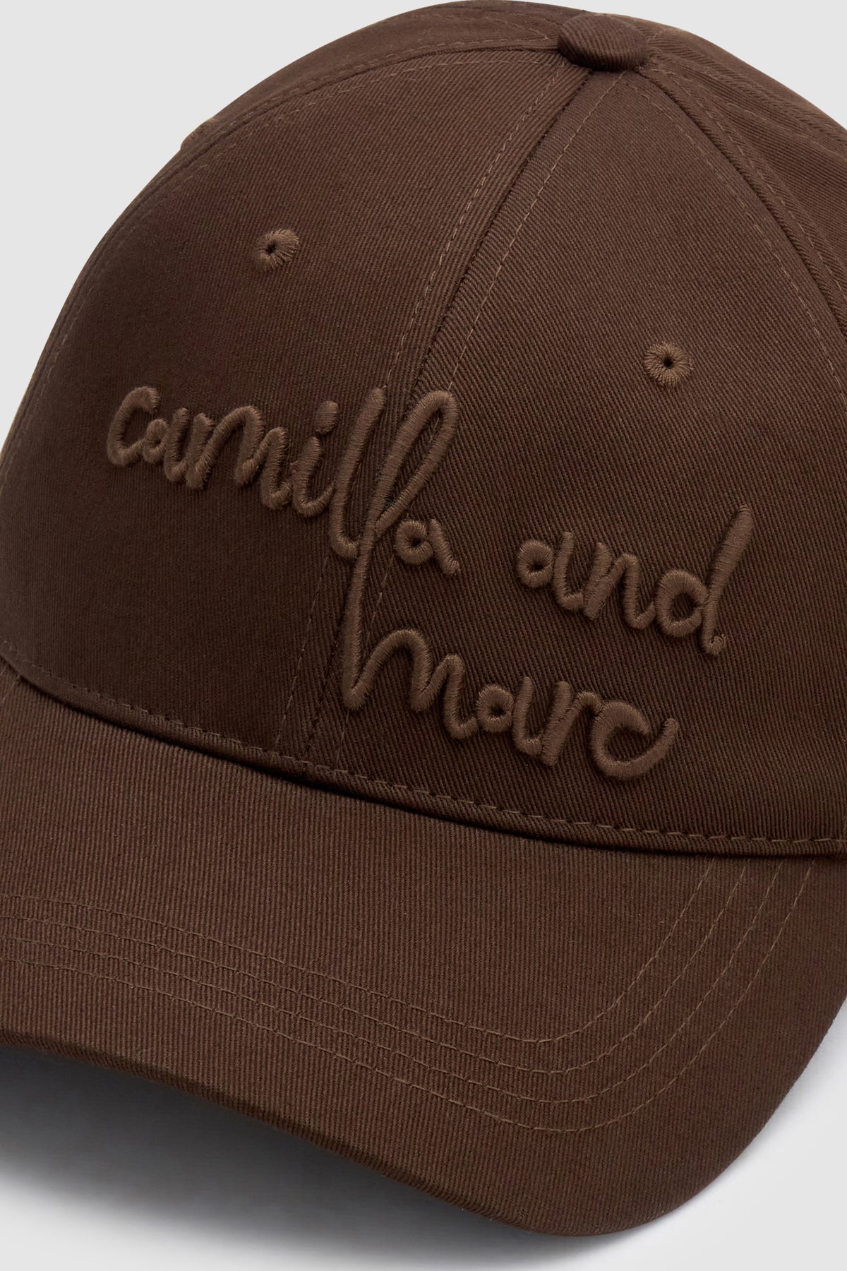Camilla and Marc Maren Embroidered Cap in Chocolate - detail view