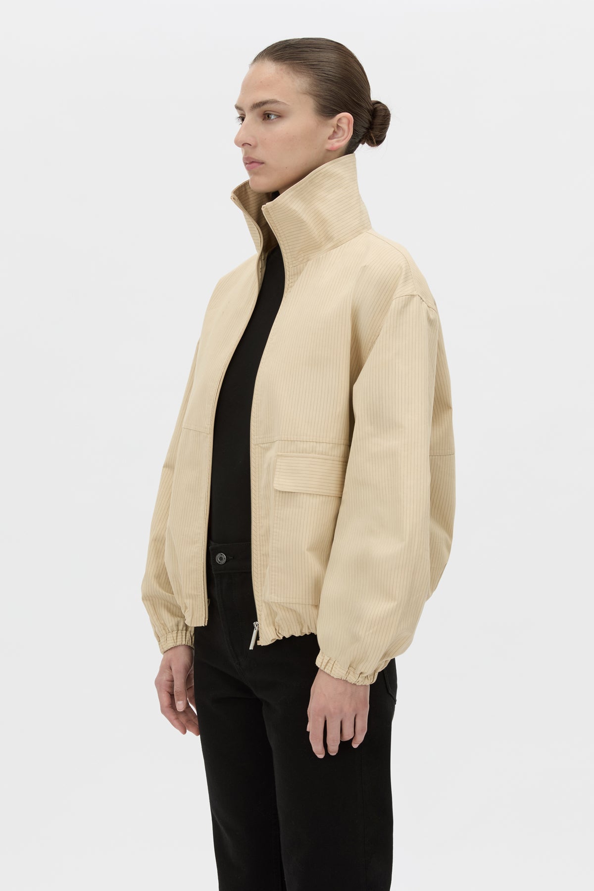 Camilla And Marc Oren Funnel Neck Jacket in Ochre Stripe - detail view