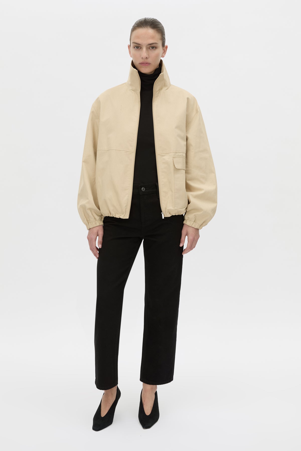 Camilla And Marc Oren Funnel Neck Jacket in Ochre Stripe - close up