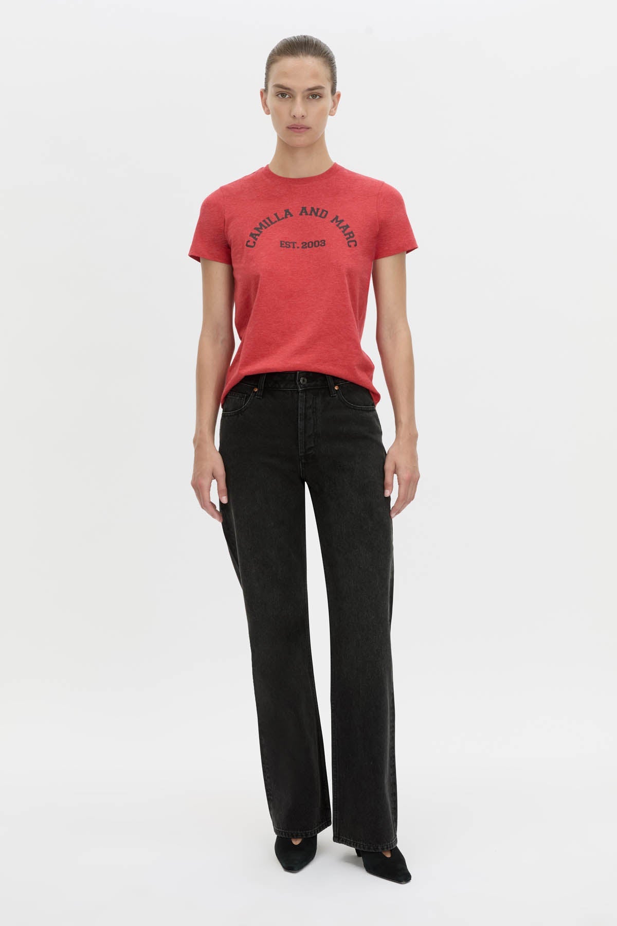Camilla And Marc Sparrow Graphic Neat Fit Tee in Red and Black - side view