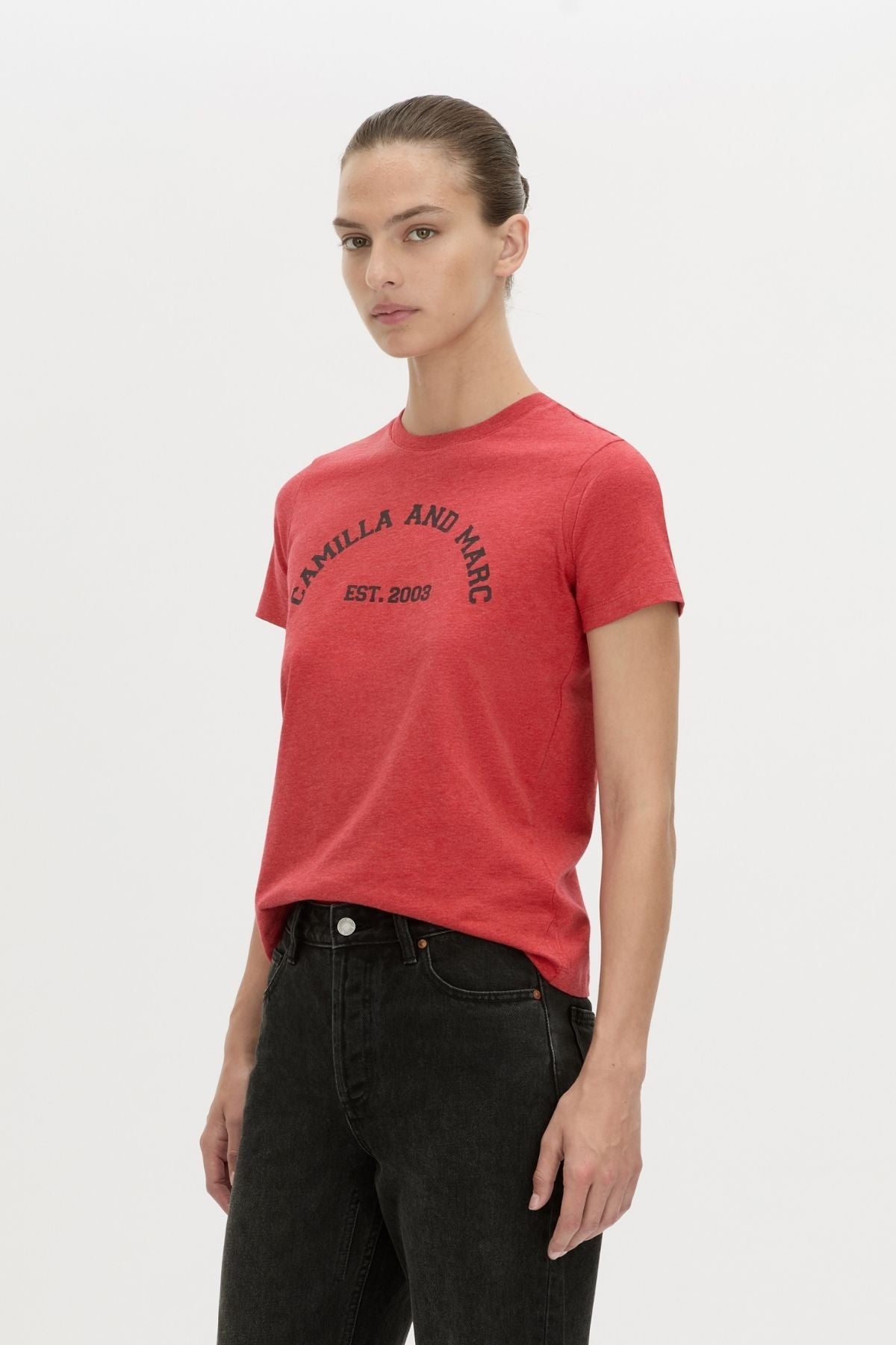 Camilla And Marc Sparrow Graphic Neat Fit Tee in Red and Black - detail view