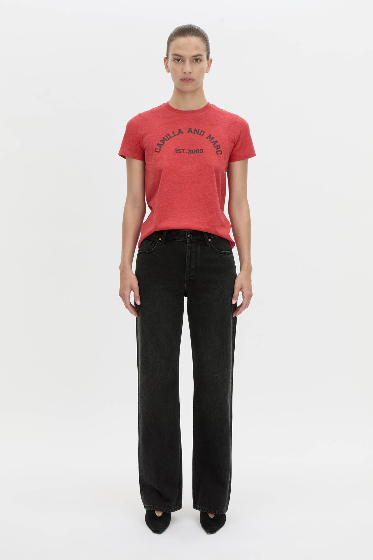 Camilla And Marc Sparrow Graphic Neat Fit Tee in Red and Black - styled look