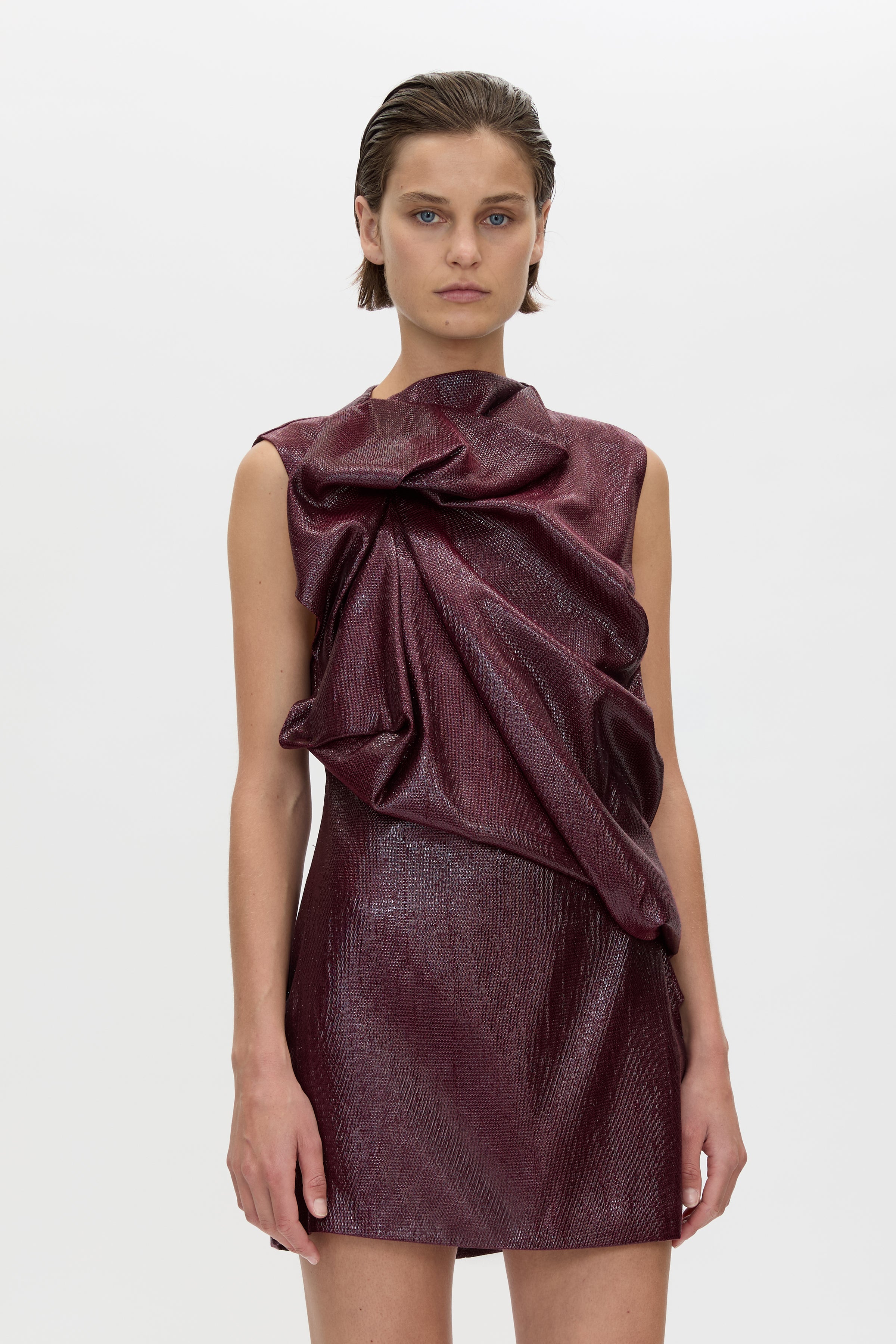 Camilla and Marc Sana Drape Tailored Mini Dress in Burgundy - styled look