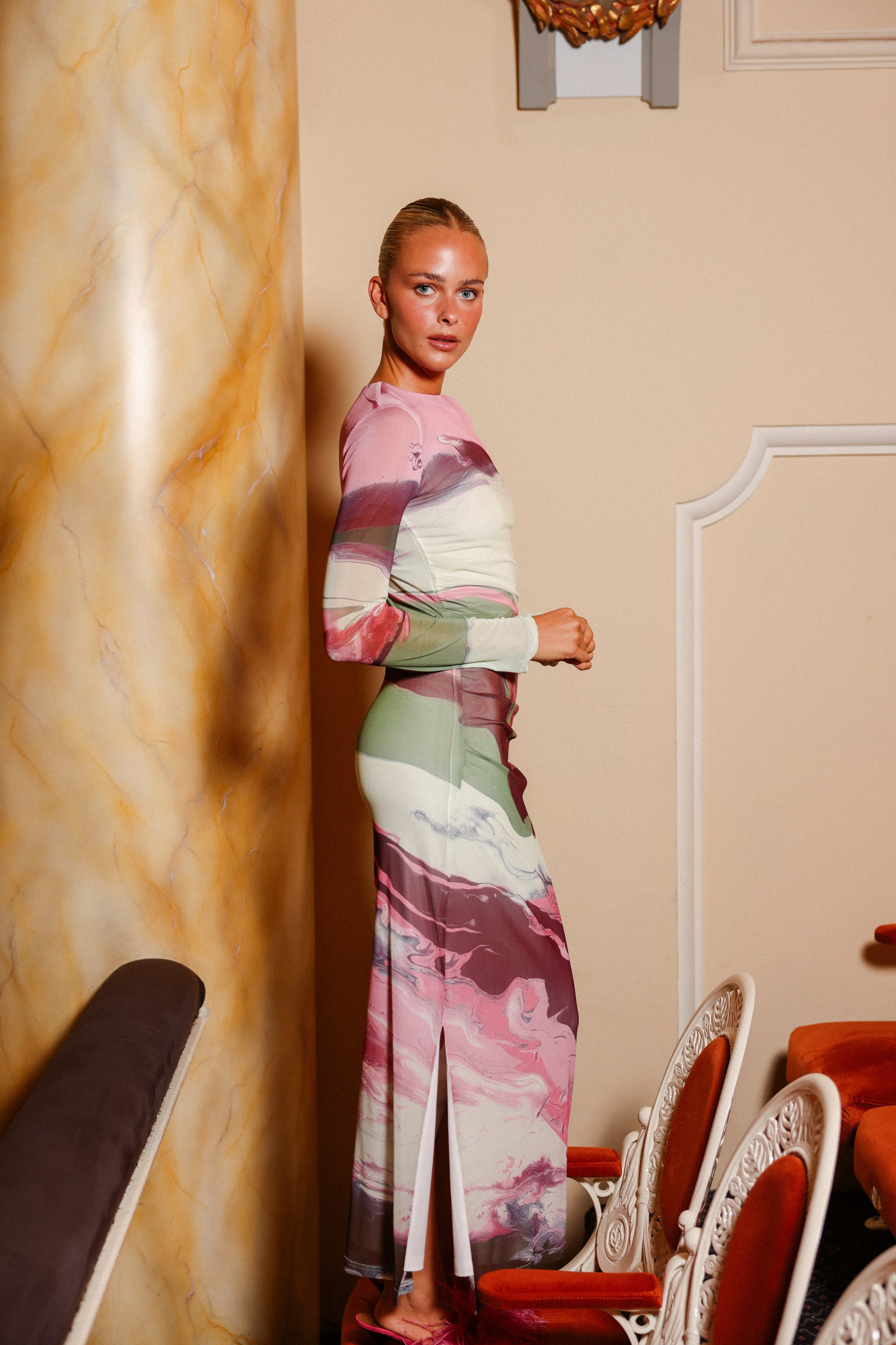 Aston Studio Ezli Mesh Dress in Retro Resin - side view