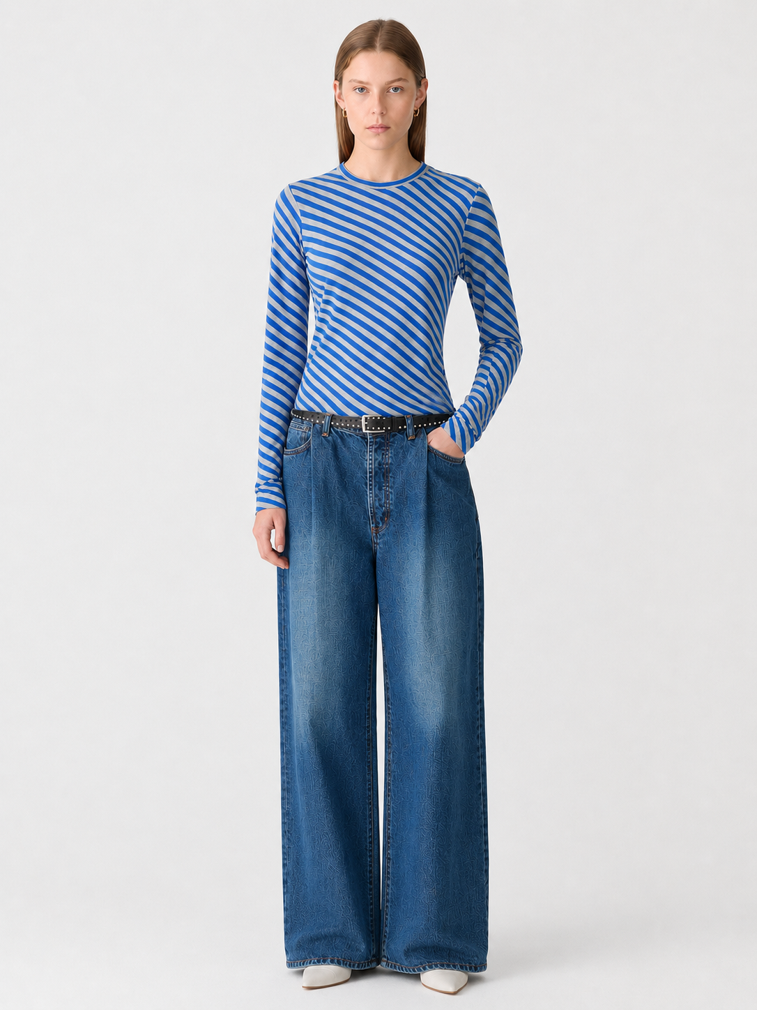 Bassike Bias Stripe Baby Long Sleeve T-Shirt in Cobalt and Greymarle - side view